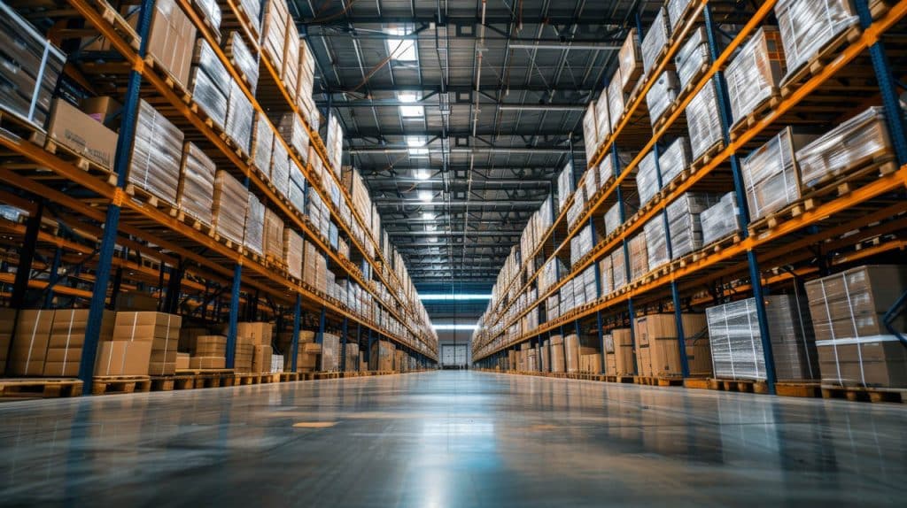 Warehouse industrial and logistics companies Commercial warehouse Huge distribution warehouse with high shelves Low angle view